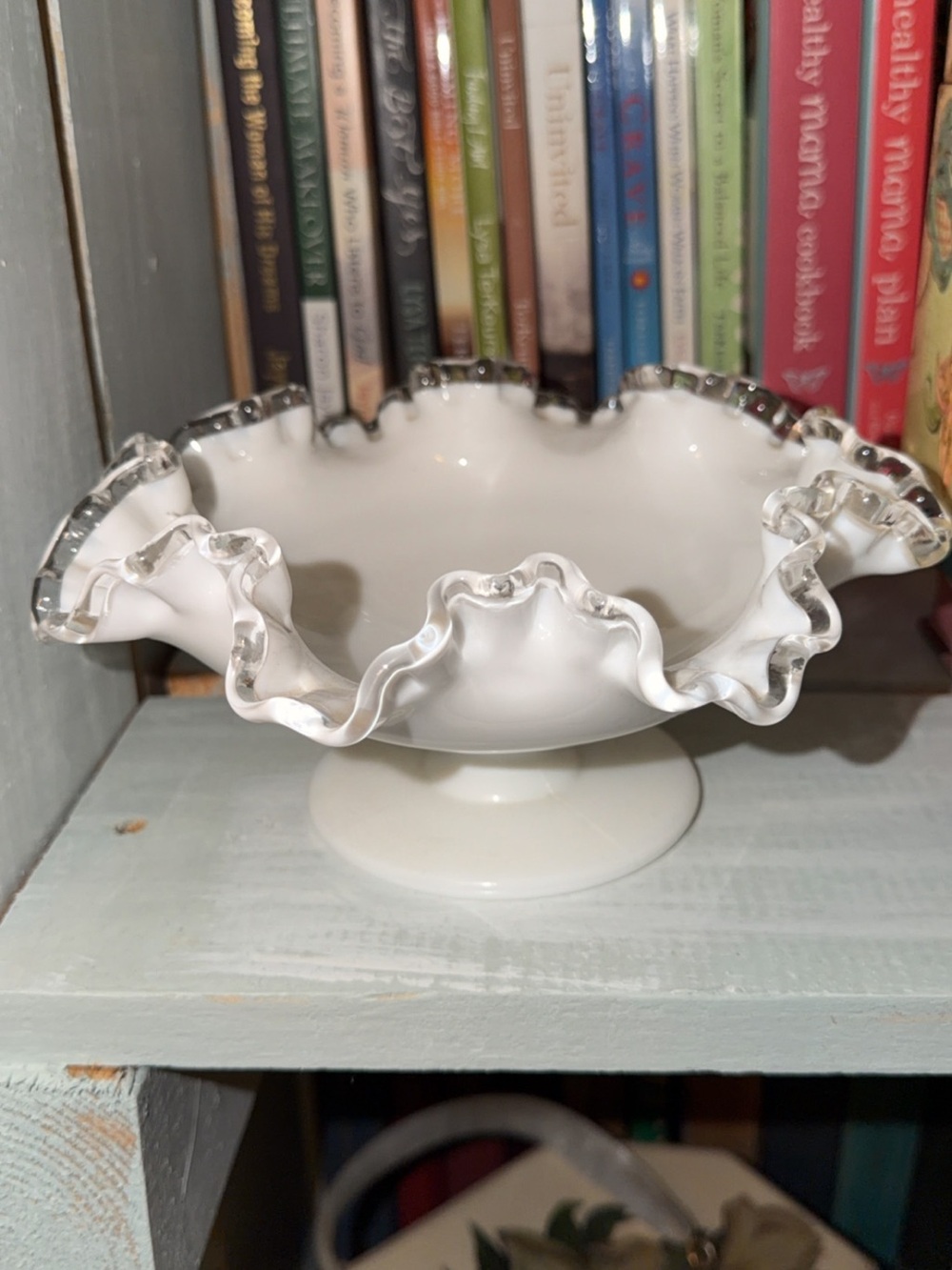 Vintage Fenton White Milk Glass Compote with Clear Ruffled Edge